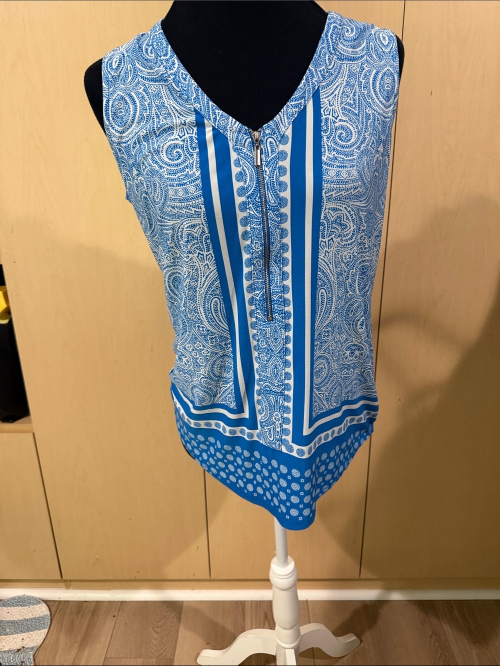 INC International Concepts Blue Paisley-Striped Zip Tank